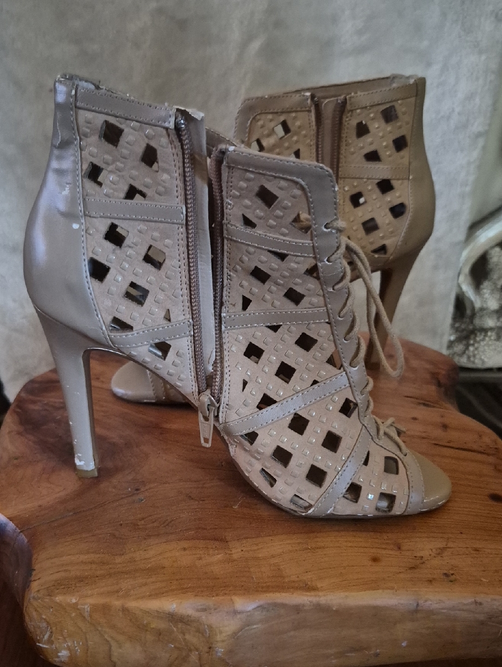 Gianni Bini Taupe Lace-Up Cutout High Heel Booties